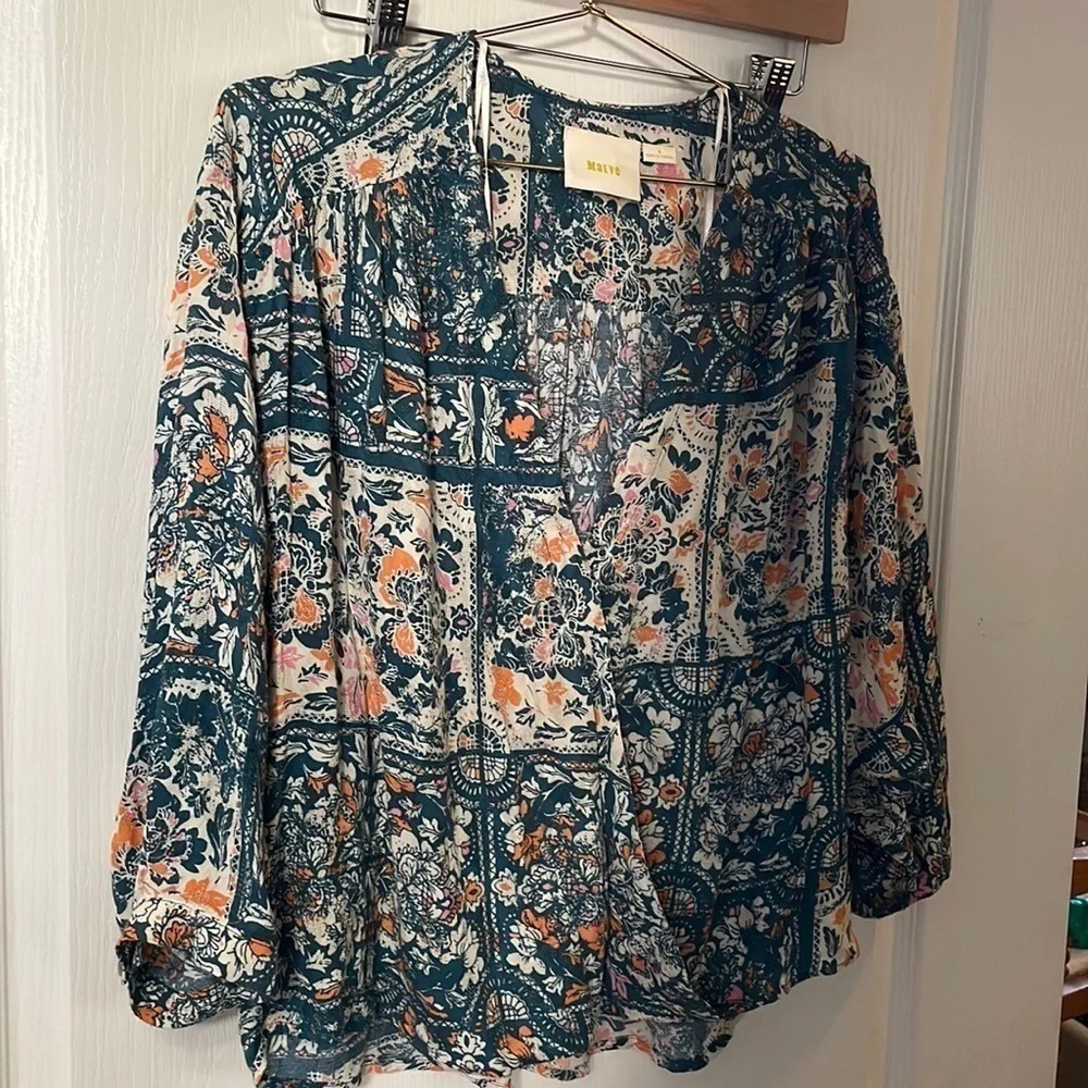 Anthropologie Maeve Floral Patchwork Blouse Blue size S